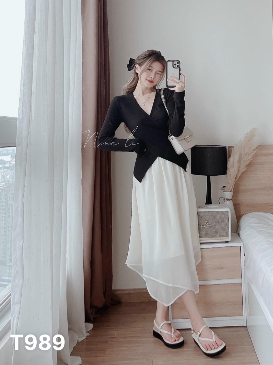 Set áo thun gân tăm chéo tà tay dài kèm chân váy voan 2 lớp T989