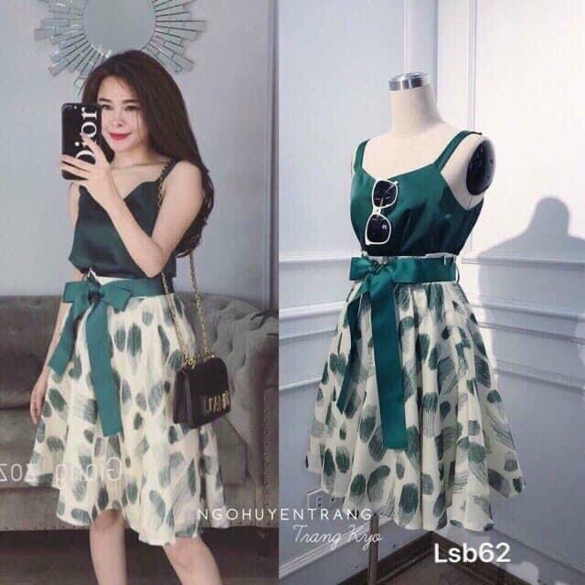 Đầm Lụa Tuyết Xòe 2 Dây Cột Nơ Eo Phối Họa Tiết Dễ Thương
