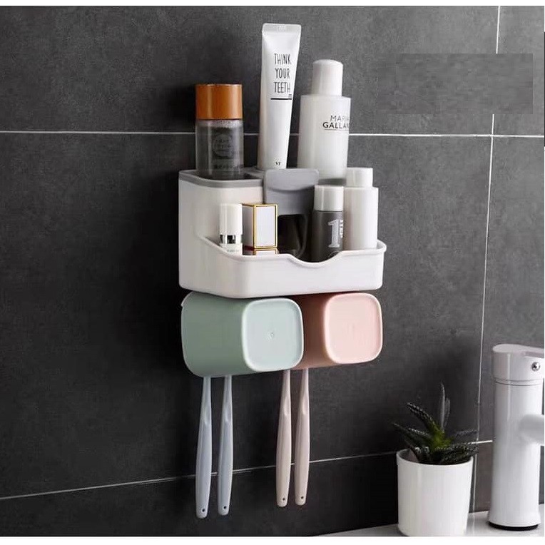 Bộ dụng cụ nhả kem đánh răng kèm 2 cốc vuông cao cấp