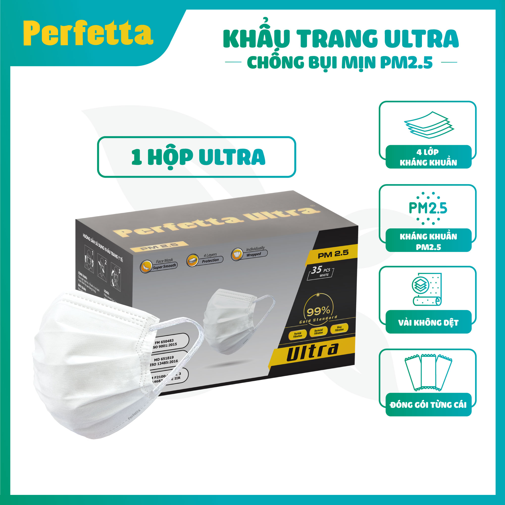 Khẩu trang y tế cao cấp chính hãng Perfetta Ultra 4 lớp chống bụi mịn PM