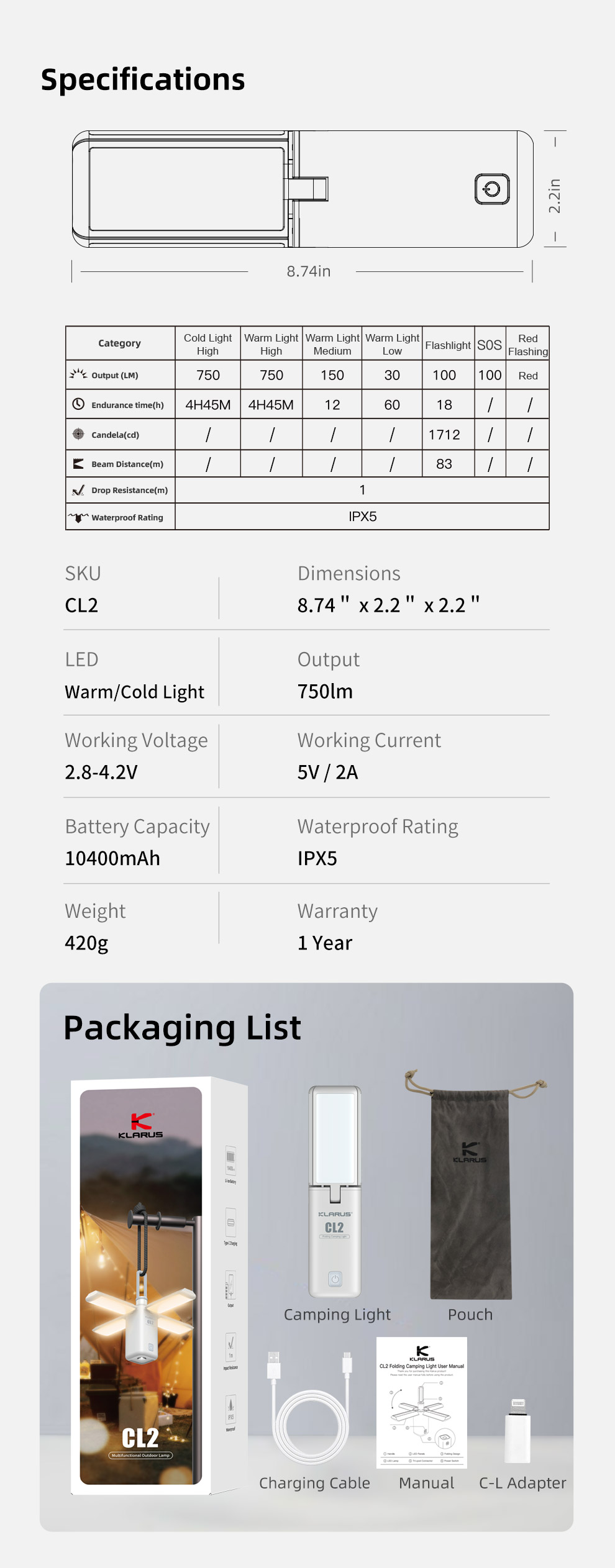Đèn lều, cắm trại Klarus CL2 750lm 10440mAh