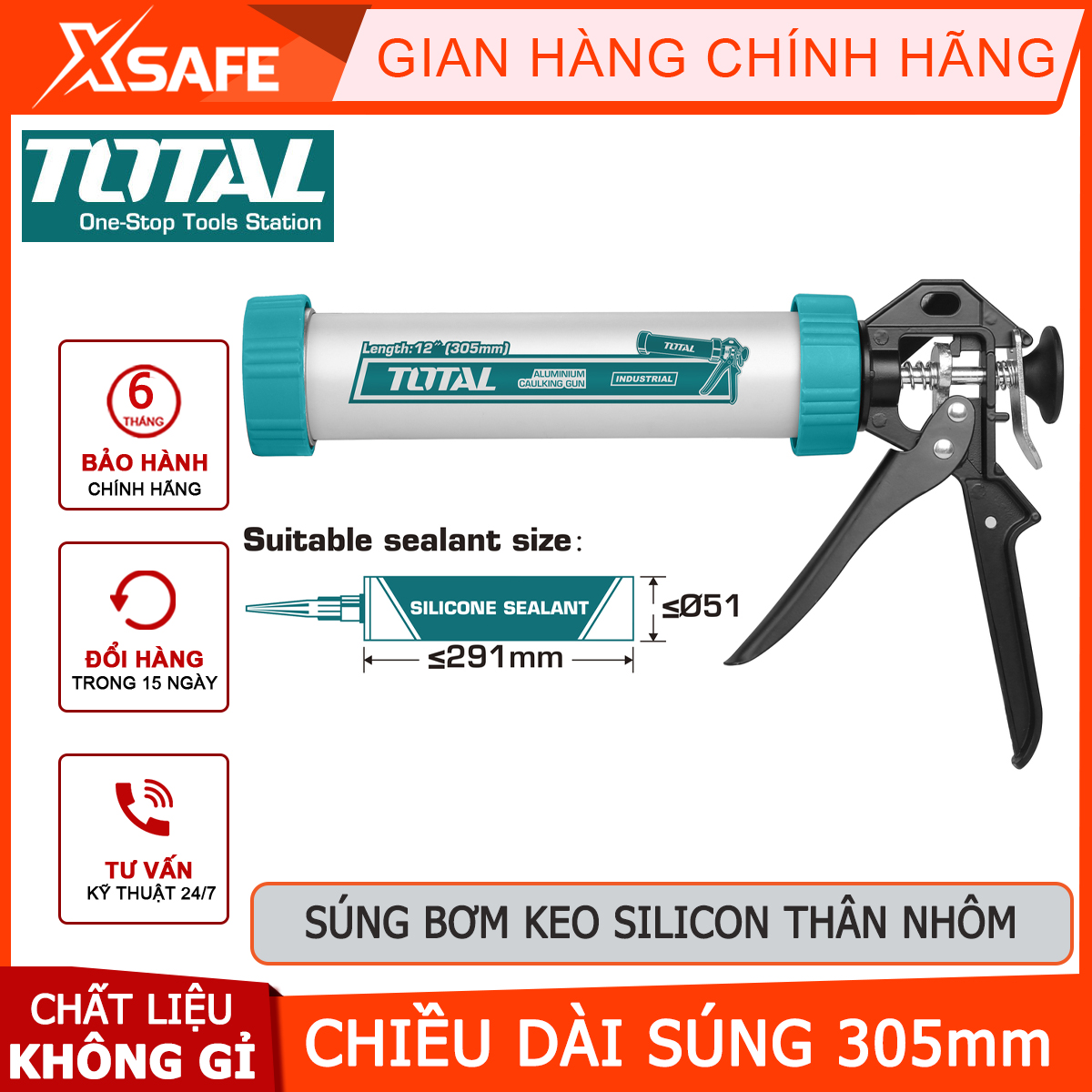 Súng bơm keo silicon thân nhôm TOTAL THT20112 | súng bơm silicon ống nhôm chiều dài súng bơm 305mm đường kính 55mm bơm keo dán gỗ, giấy, vải, bìa carton