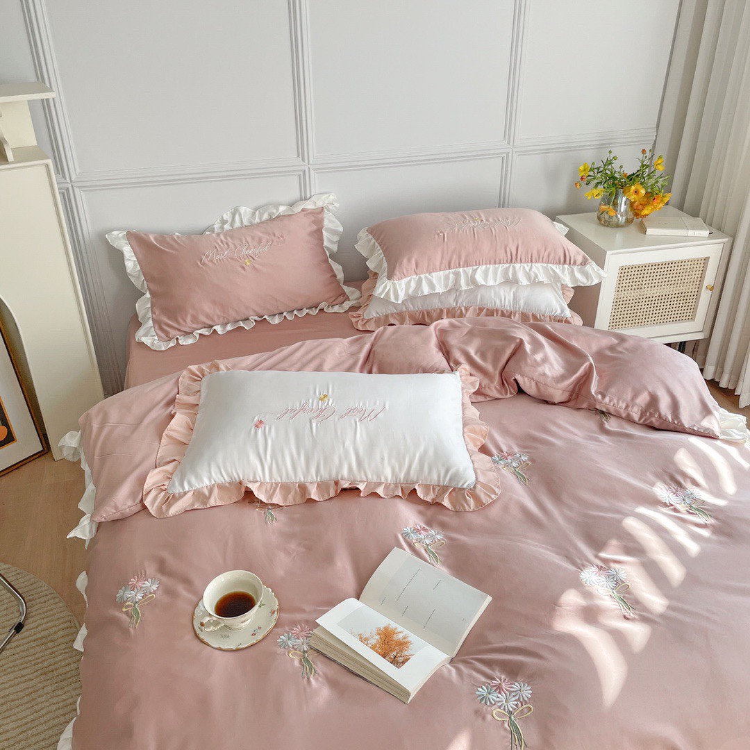 Set Chăn Ga Gối Lụa Bèo Thêu Hoa Cúc🌈