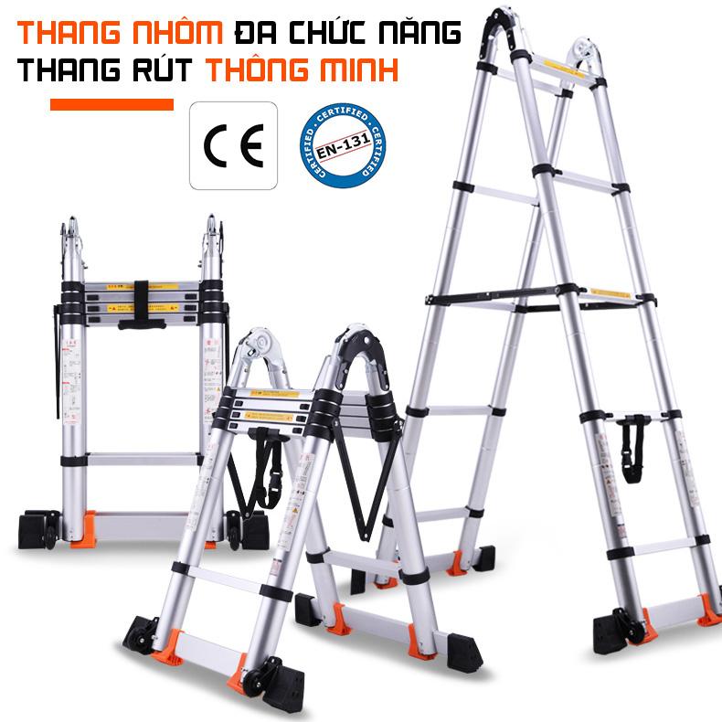 Thang nhôm rút đôi thông minh- Có bánh xe di chuyển- 5 m - Hàng tiêu chuẩn Châu Âu