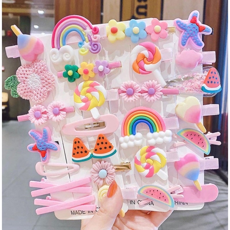 sét 14 kẹp tóc cho bé gái họa tiết kute