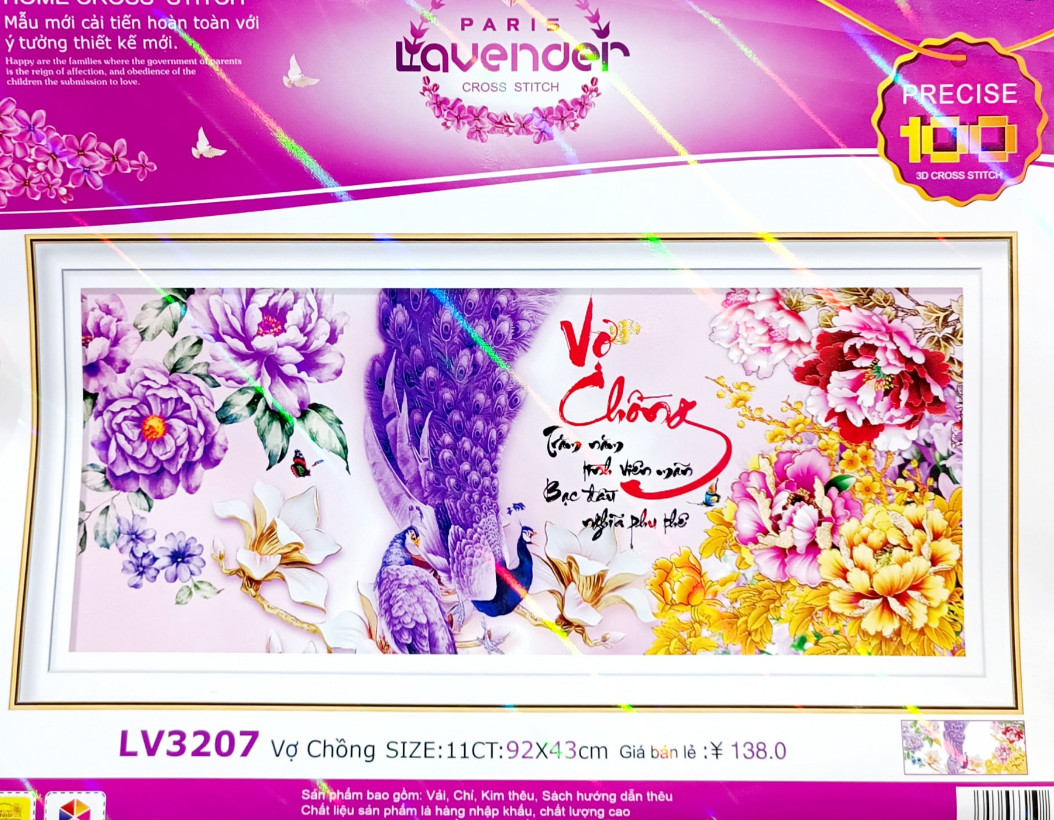 [HCM]Tranh thêu chữ thập vợ chồng công tím hoa mẫu đơn LV3207 - kích thước 92 * 43