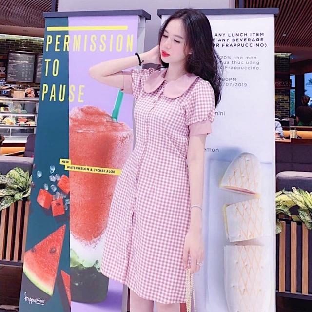 Đầm caro hồng cổ sen