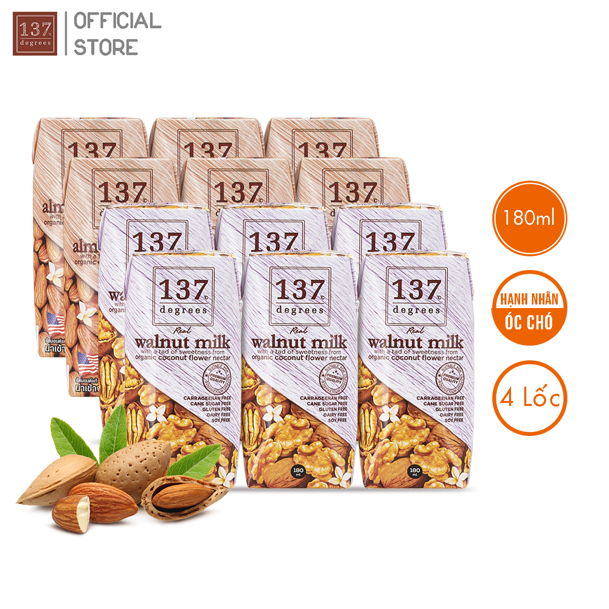 Combo 4 Lốc Sữa hạt ÓC CHÓ và HẠNH NHÂN 137 Degrees Thái Lan