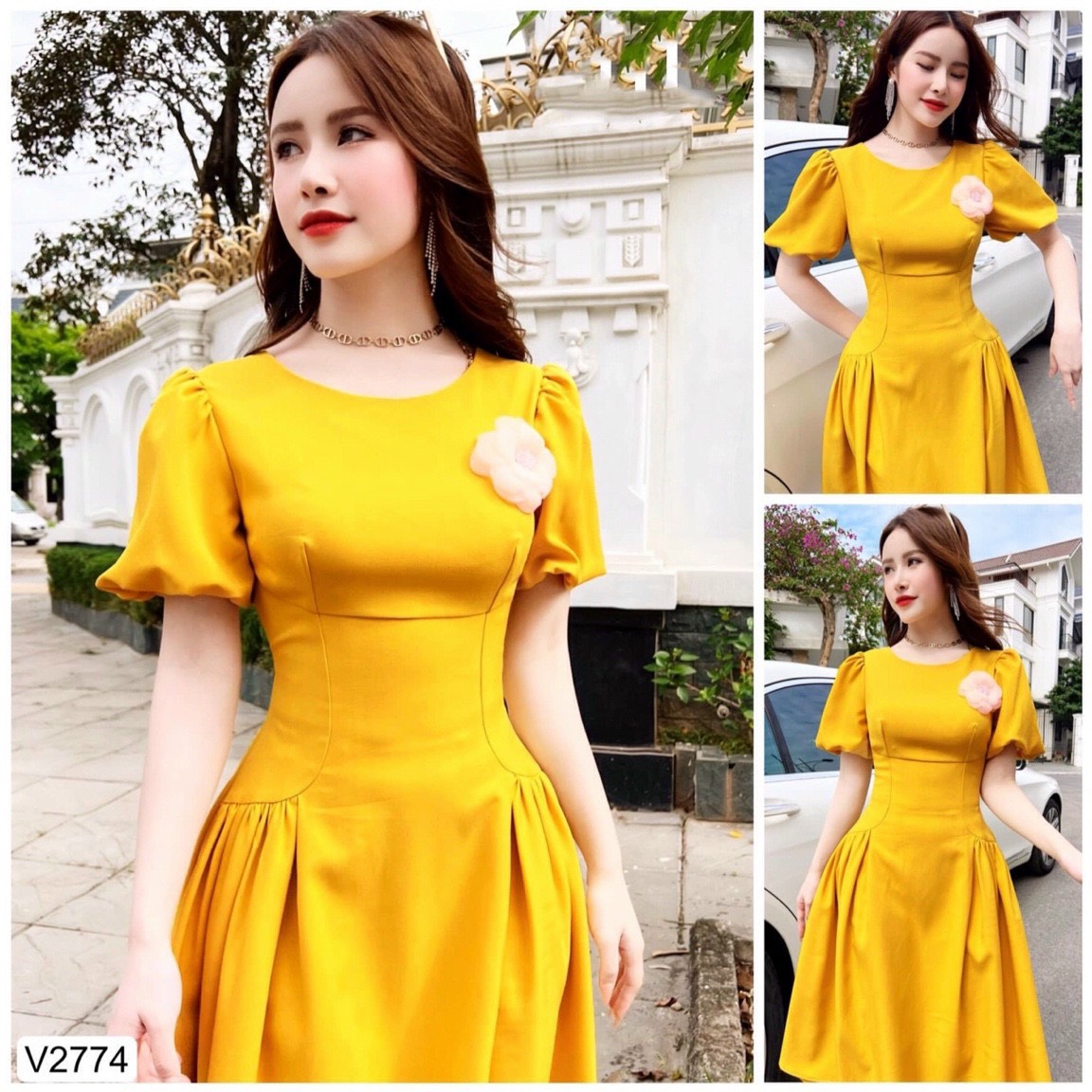 FreeshipMAX[ HCM] ĐẦM XÒE VÀNG TAY PHỒNG PHỐI HOA