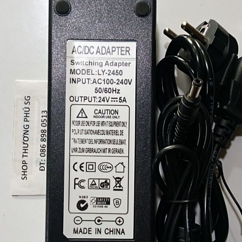 Adapter DC: 24V - 5A (Đầu lớn - Chuẩn cắm 5.5mm x 2.1 ~ 2.5mm)