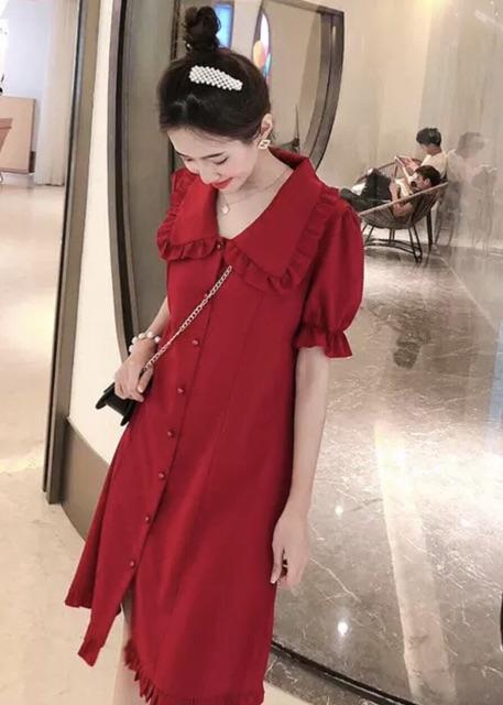 [HCM]Đầm đỏ suông cổ bèo nút bọc