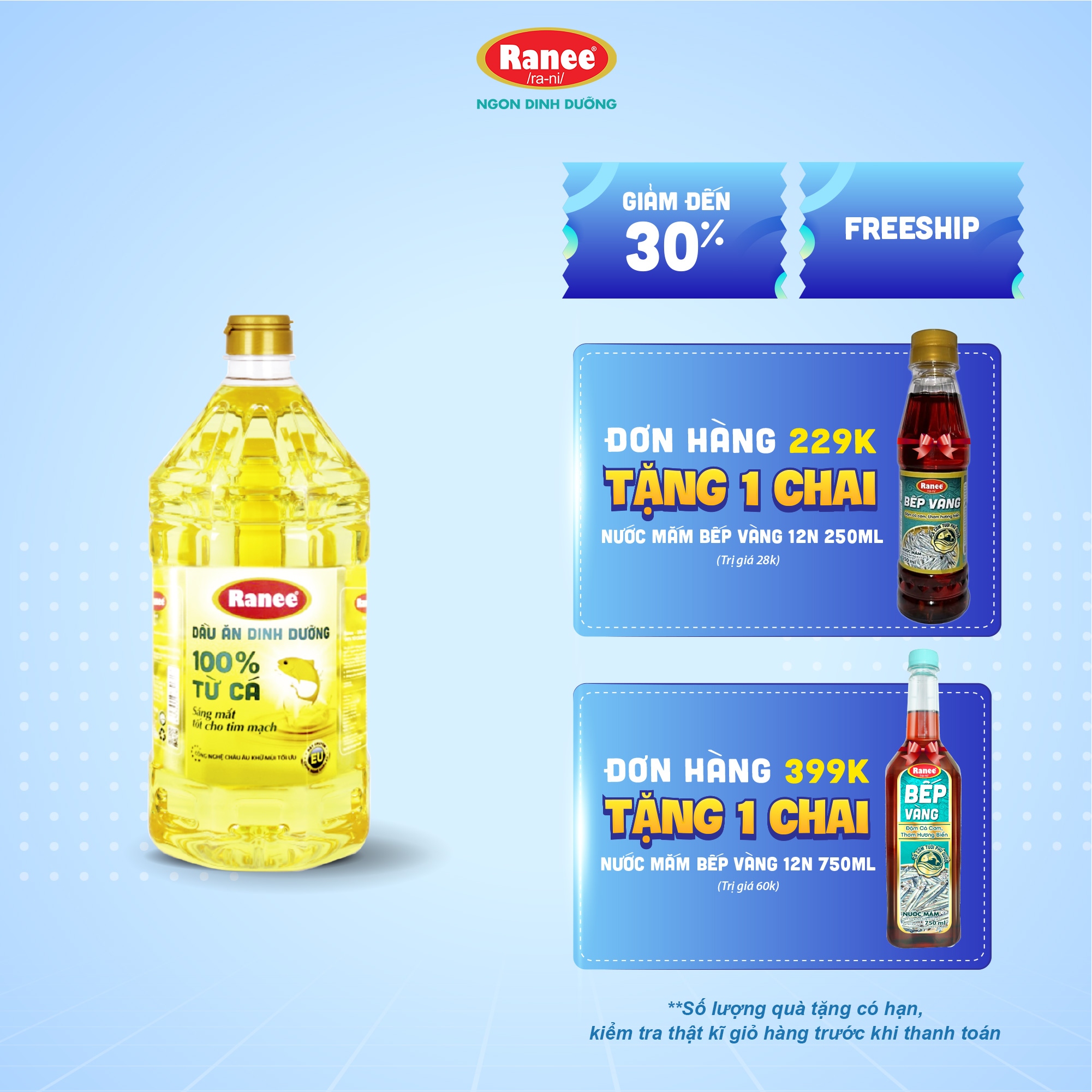 {Đơn 199k tặng hộp bơ -399k tặng vá gỗ} Dầu ăn dinh dưỡng Ranee 2 lít