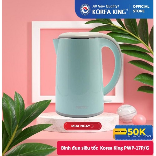 Bình đun siêu tốc Korea King PWP-17P/G ( công suất 1,850W, dung tích 1.7L, 2 lớp cách nhiệt, 2 màu hồng, xanh) - Hàng chính hãng