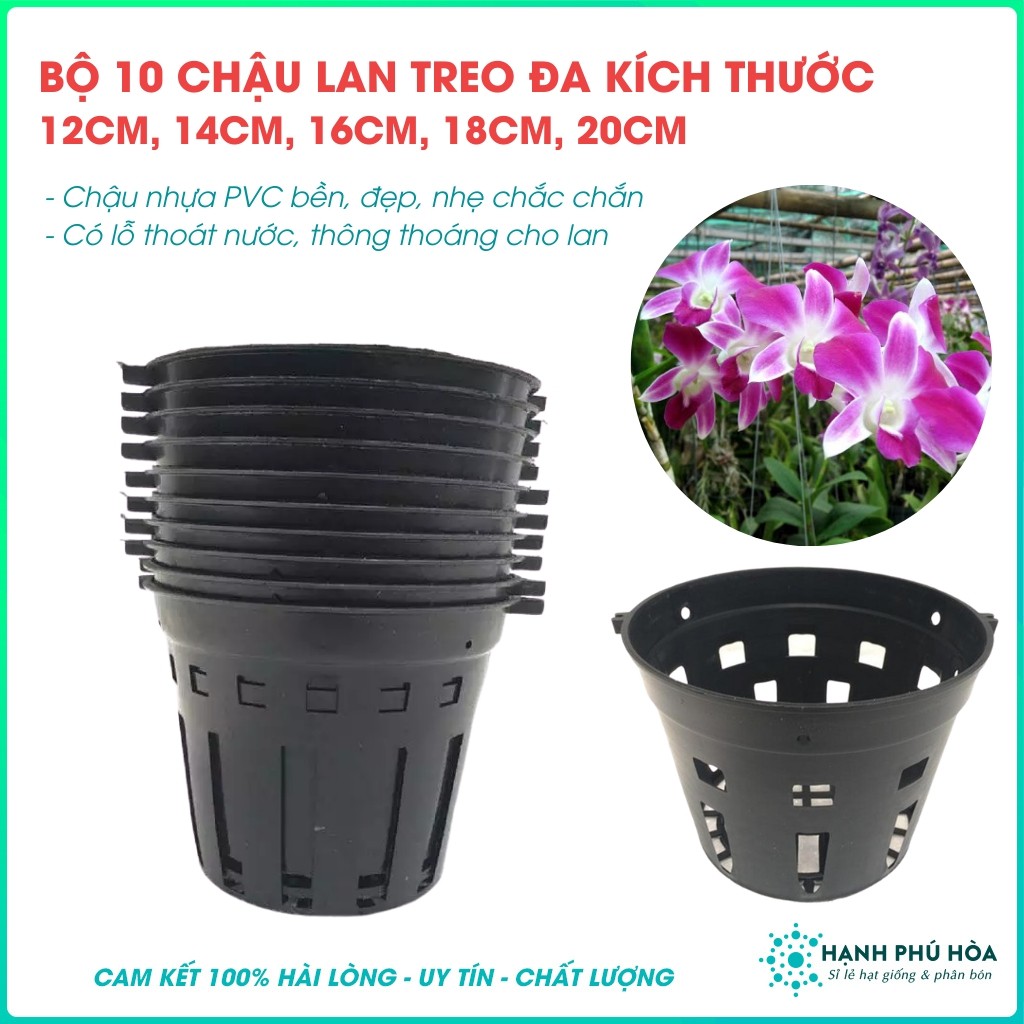 Bộ 10 Chậu Nhựa Trồng Lan Đa Kích Thước 12 14 16 18 20cm- Bền Dẻo Có Lỗ Thoát Nước Có Thể Cài Móc Treo Lên Cao