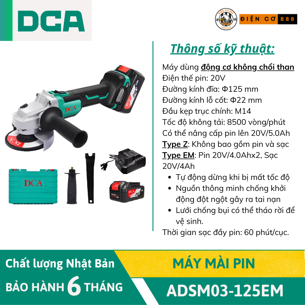 Máy mài pin DCA ADSM03-125EM 20V (2xPin 20V/4Ah, 1xSạc 20V/4Ah)