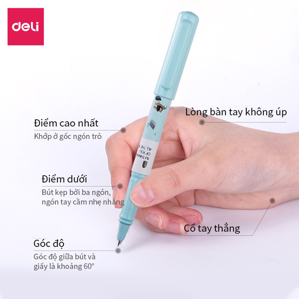Bút máy học sinh luyện viết chữ đẹp có bán kèm ống mực Deli - Họa tiết đáng yêu - Màu Hồng/Xanh dương/Xanh lá- A919