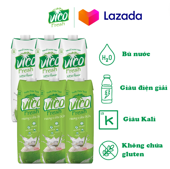 Combo 6 Hộp Nước Dừa Vico Fresh 1L - (3 Xiêm, 3 Dứa)
