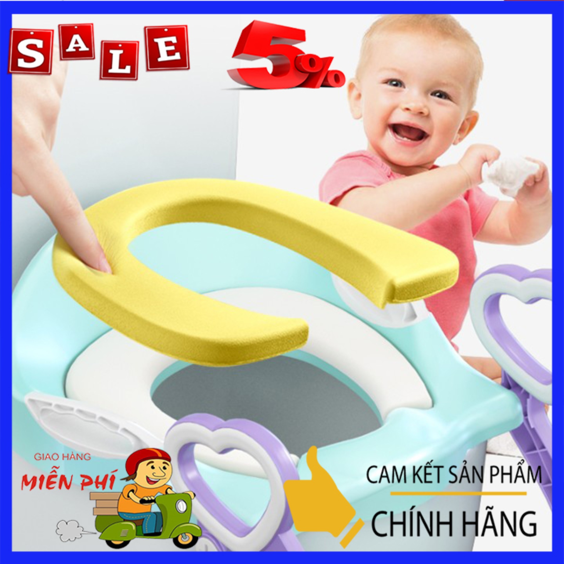 Ghế ngồi bồn cầu có thang vịn cho bé, có đệm
