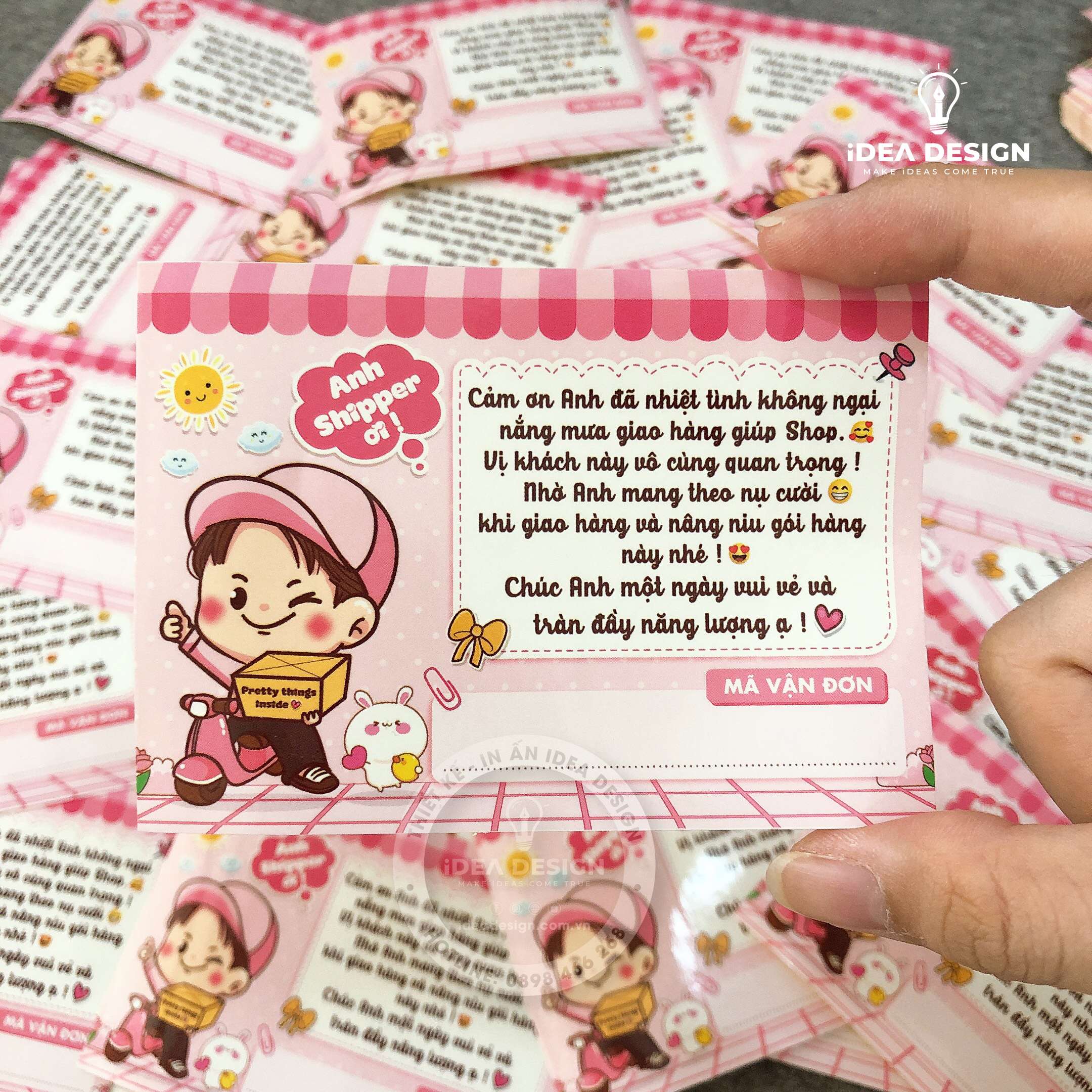 Decal Dán, Tem Nhãn Dán Cám Ơn Anh Shipper Có Ô Ghi Vận Đơn Và Keo Dính - Size 10x7cm Cán Màn Bóng, Chống Nước, Màu Hồng