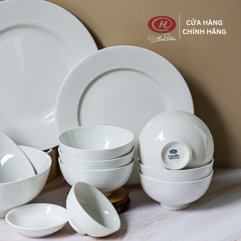 Bộ Bát Đĩa Trắng Trơn 12 Món - Sứ Minh Châu