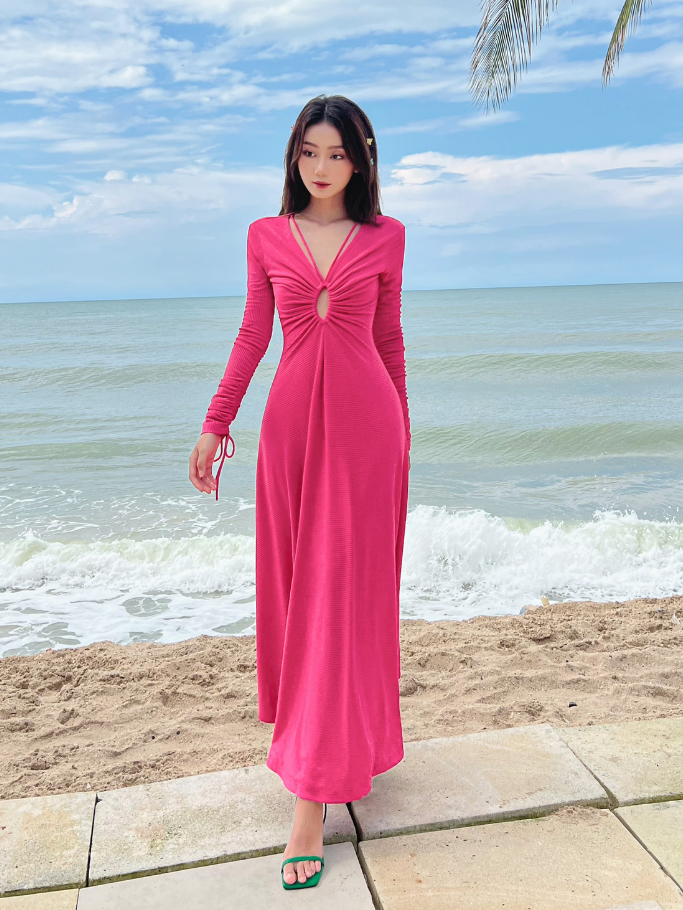 COCO SIN - Đầm Thun Gân Hồng Tay Dài