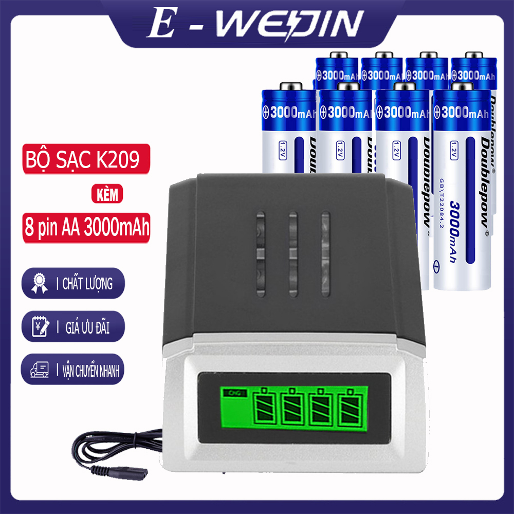 [K209 Đen+8AA3000X] Combo sạc pin thông minh tự ngắt DP-K209 -Đ và 8 viên pin AA 3000mAh (pin xanh - dung lượng thực)-