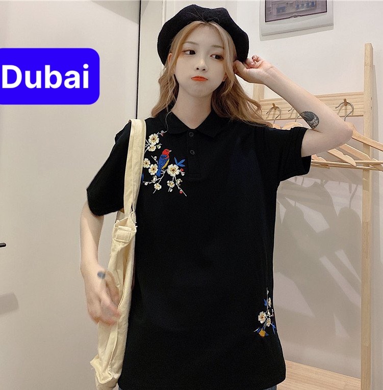 ÁO THUN CÓ CỔ, ÁO THUN POLO, ĐEN HOA CHIM PHOM FORM RỘNG TAY LỠ NAM NỮ UNISEX HÀN QUỐC - DUBAI FASHION