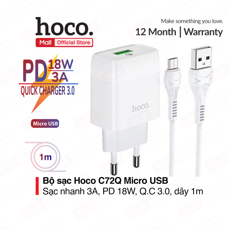 Bộ sạc nhanh Hoco C72Q MIcro USB, sạc nhanh 3A, PD 18W, tương thích với nhiều thiết bị điện thoại Samsung/Xiaomi/Oppo,...