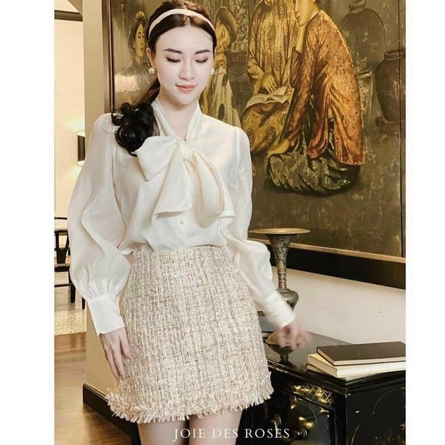 Áo sơ mi nữ cột nơ 2 màu trắng be 2 lớp