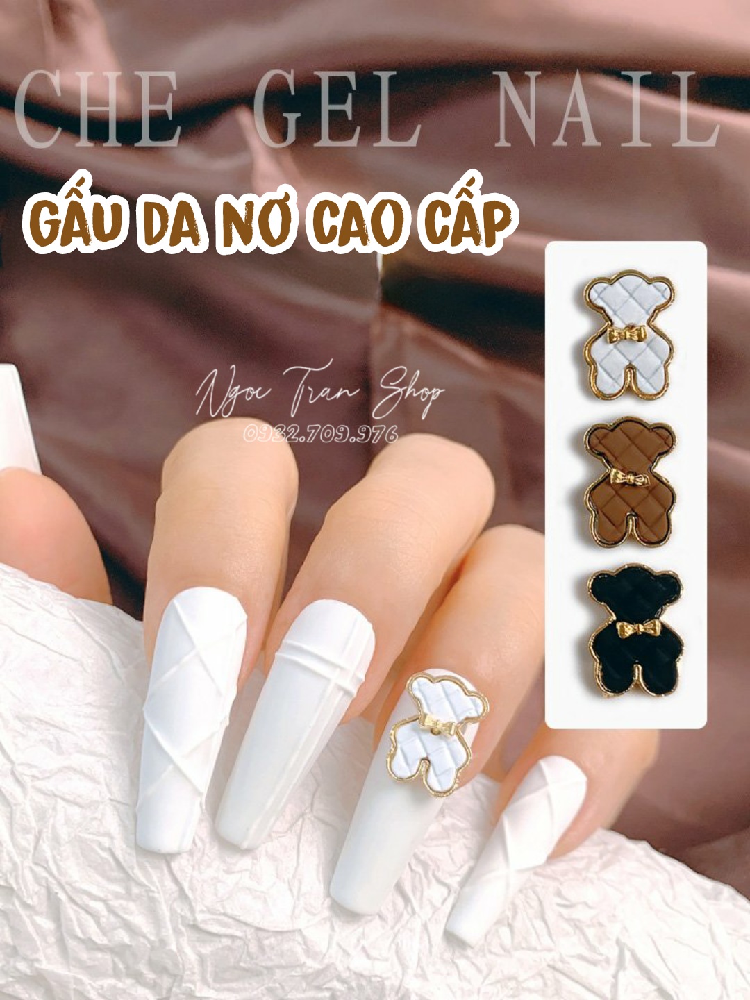 Charm Gấu Da Nơ Cao Cấp Đính Móng