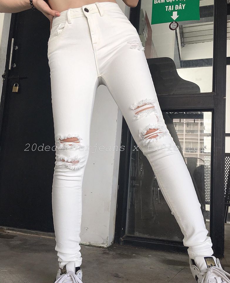 quần jean nữ trắng rách gối co giãn