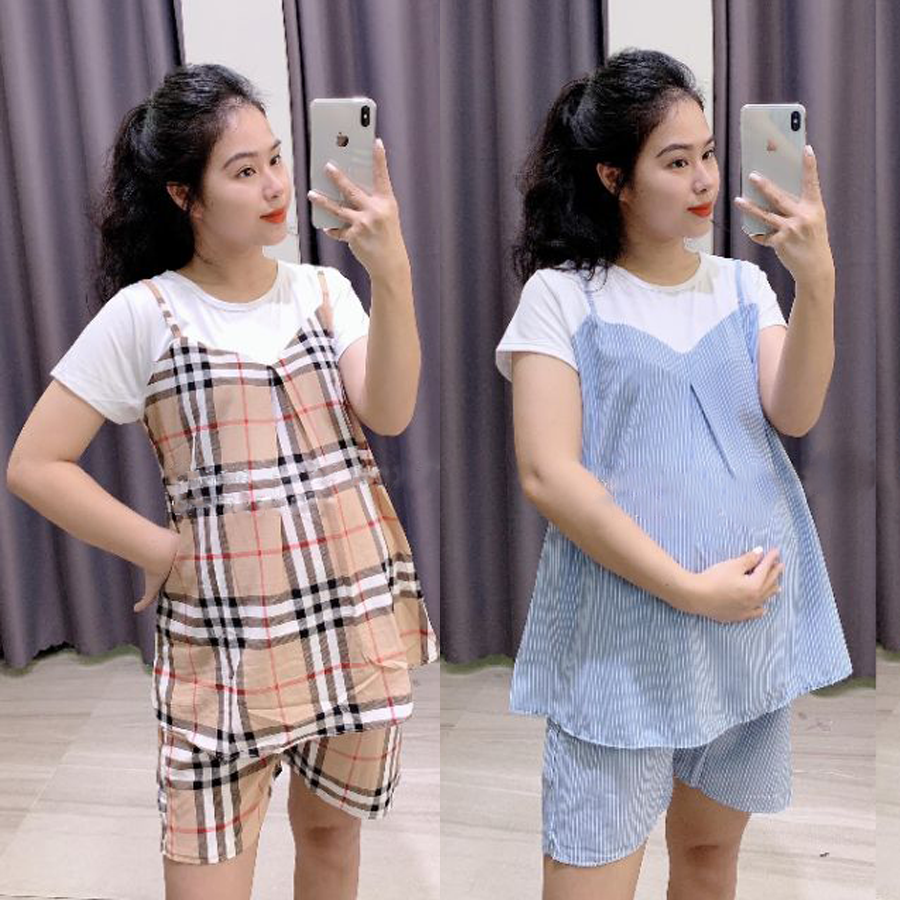 [Hoàn Tiền 6%] Bộ đồ bầu đùi lửng, chất lụa hàn mềm mát cho bà bầu mặc nhà mùa hè