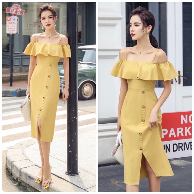 Đầm vàng nhạt 2 dây freesize dưới 45kg