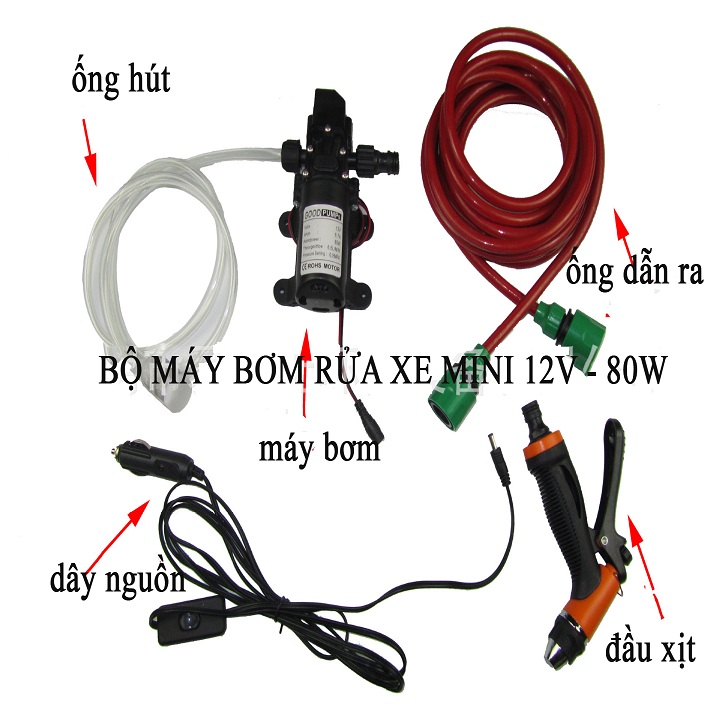 Máy rửa xe bơm cực mạnh, máy xịt rửa đa năng kèm dây tẩu cắm xe ô oto