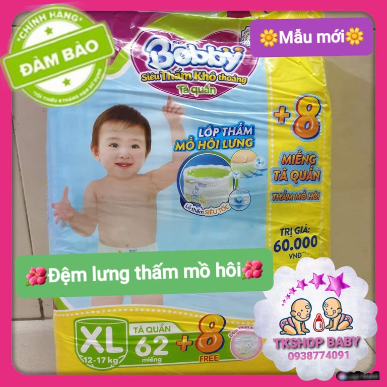 **TẶNG THÊM 8 MIẾNG**TÃ QUẦN BOBBY SIÊU THOÁNG SIZE XL62+8