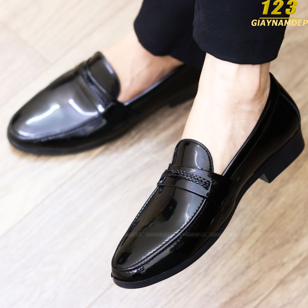 Giày Lười Nam Da Lì Đế Cao Su Đúc Mã L159 Màu Đen Da Bóng