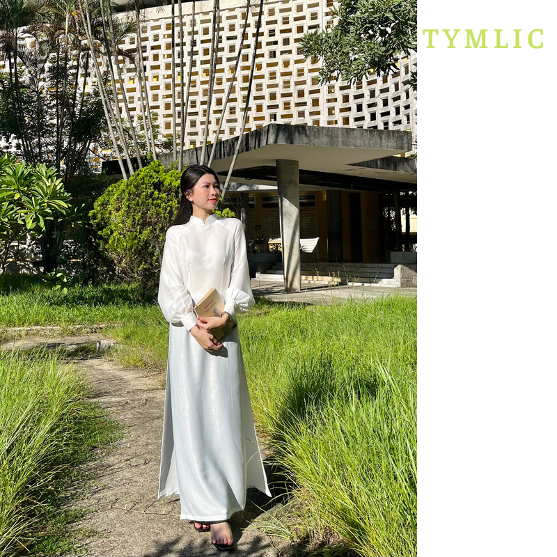Áo Dài Lụa Tay Phồng Nút Ngọc Màu Trắng TYMLIC (Không kèm quần)