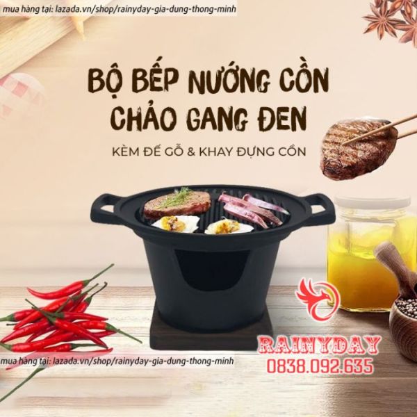 Giá bán Combo bếp nướng cồn và chảo gang đen nướng thịt dã ngoại tặng kèm 1 khăn lau