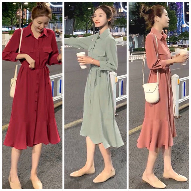 Váy Đi Tiệc Cưới Sơ Mi Túi Hộp Đuôi Cá Phong Cách Quý Cô Sang Chảnh, Đầm Nữ Dự Tiệc Tay Dài Buộc Eo Màu Xanh Mint Đỏ Đen Hồng - DM811