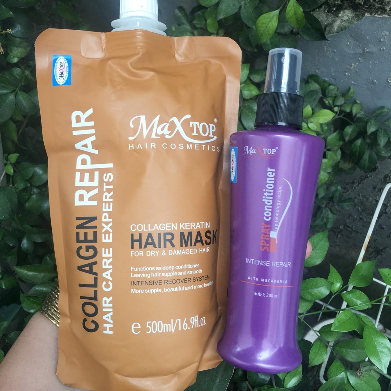 Combo hấp collagen và xịt dưỡng siêu phục hồi tóc maxtop