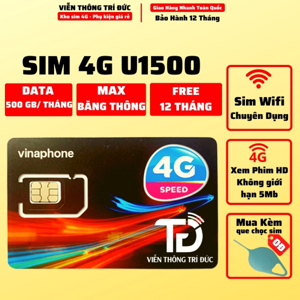 Sim 4G Vinaphone U1500 Data 500Gb/tháng, Không giới hạn tốc độ 5Mb, Miễn phí 12 tháng, Sim Phát Wifi, xem phim Chơi game