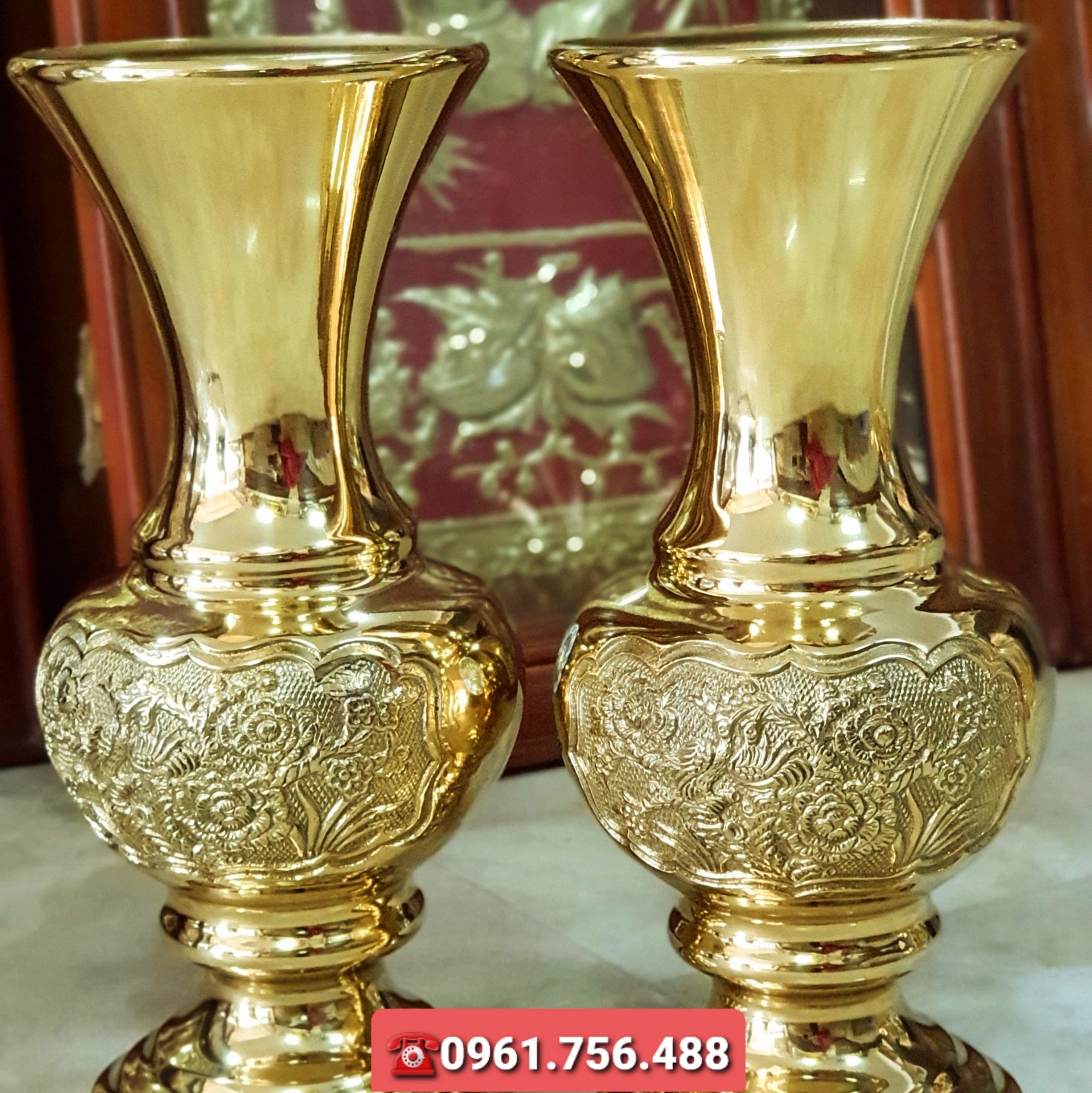 Đôi lọ hoa/ bình bông đồng vàng 30cm