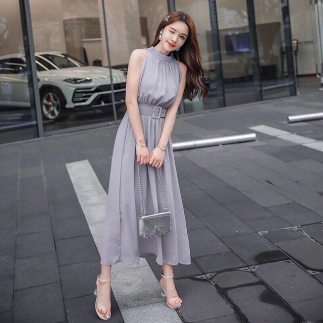 [HCM]ĐẦM MAXI XÁM KÈM NỊT