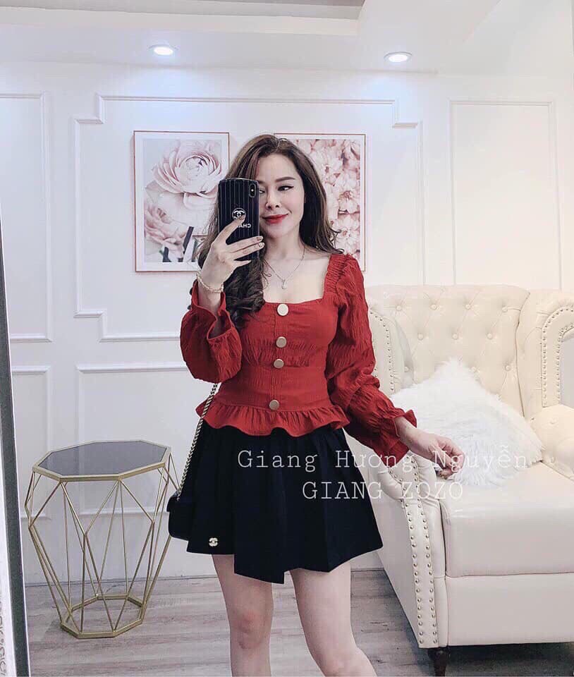 Áo voan cổ vuông kiểu tay dài đính nút dễ thương TTSLA0015( tts0854)