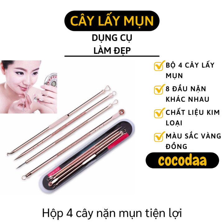Cây lấy mụn - Bộ dụng cụ nặn mụn 4 dây 8 đầu đa năng và tiện dụng bằng inox loại tốt - Cây lấy mụn đầu đen