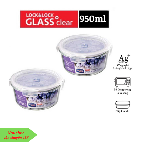 Combo 2 hộp thủy tinh chịu nhiệt tròn Lock&Lock chính hãng 950ml, hộp mang cơm đi làm
