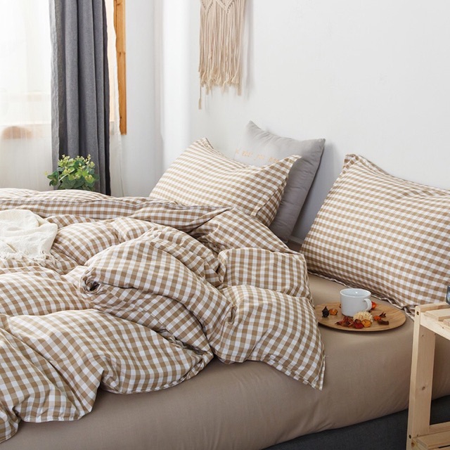 Bộ Chăn Ga Gối Cotton Poly Caro Be