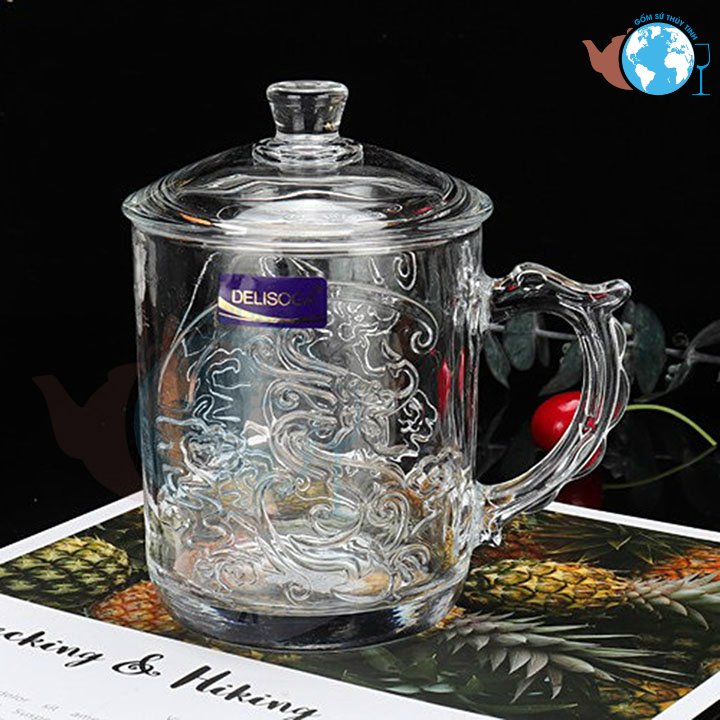 Ly thủy tinh quai cầm in hình rồng hoặc ly hình phụng có nắp thủy tinh cao cấp - Ly tách thủy tinh hình rồng dày chịu nhiệt, ly làm quà tặng rất sang trọng.