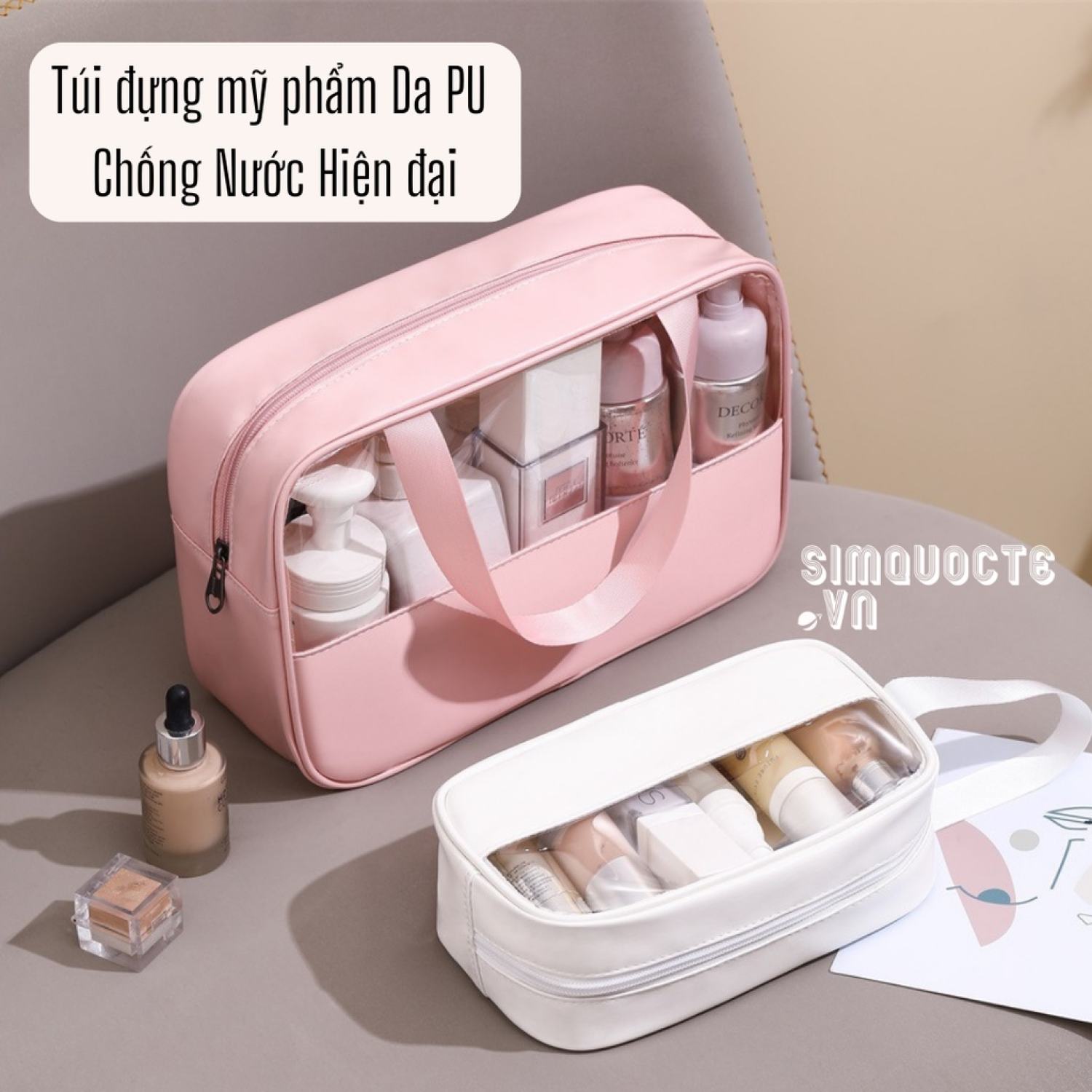 Túi đựng mỹ phẩm du lịch da PU chống nước màu pastel thiết kế quai xách