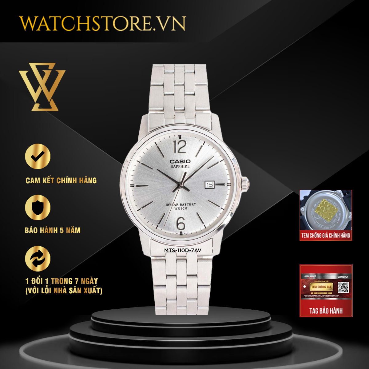 Đồng hồ quartz nam casio chính hãng watchstore mts-110d-7avdf thiết kế kính sapphire 39mm, dây kim loại, vỏ thép không gỉ